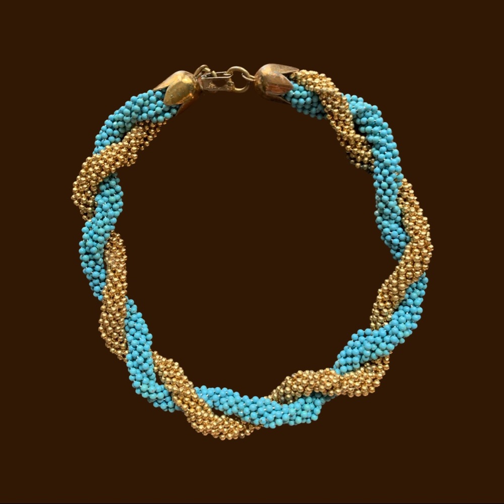 Vintage Seed Bead Twist Choker Necklace - turquoise and Gold